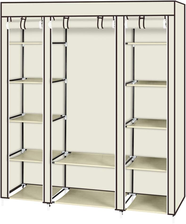 Armoire modulaire 147x44x175 cm, armoire en tissu stable avec 2 compartiments et étagères, montage sans outils, anti-poussière, gris