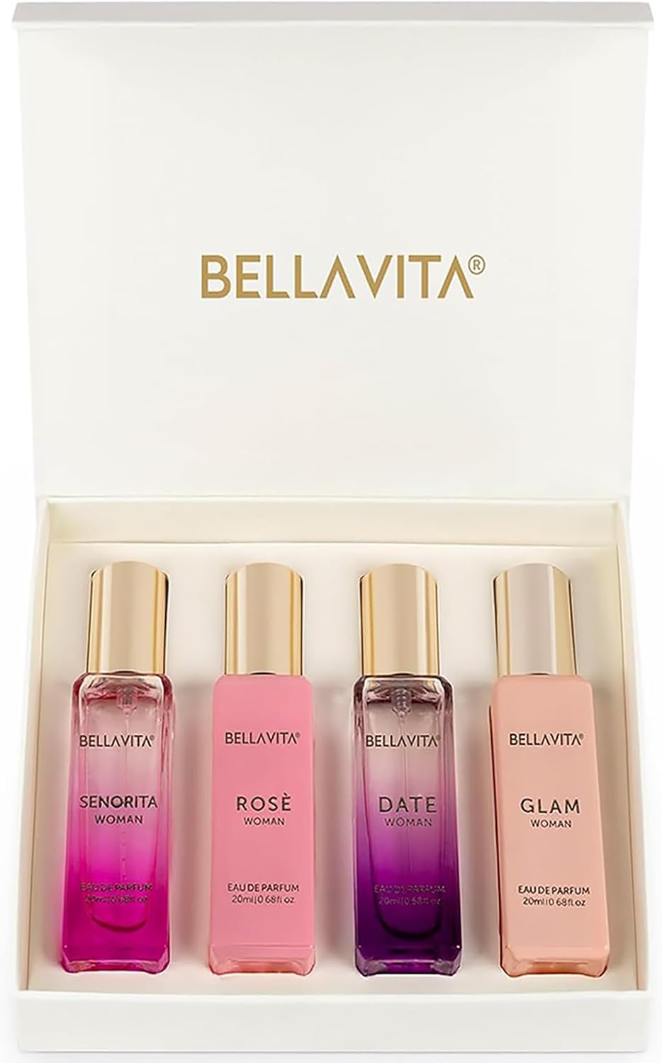 Bellavita Coffret cadeau de luxe pour femme avec date, senorita, glamour et rose | Coffret cadeau (4 x 20 ml) | Parfum pour femme | Choix de cadeau pour anniversaire et anniversaire de mariage