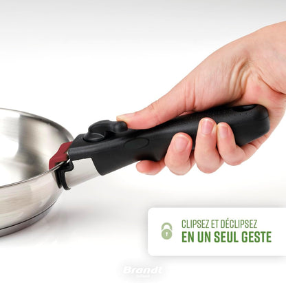 Qulinart by Brandt - Batterie de Cuisine à Induction 10 Pièces - Set de 3 Casseroles, 3 Poêles Anti-Adhésives, 3 Couvercles et Poignée Amovible - Acier Inoxydable - Tout Feu - Argenté/Noir