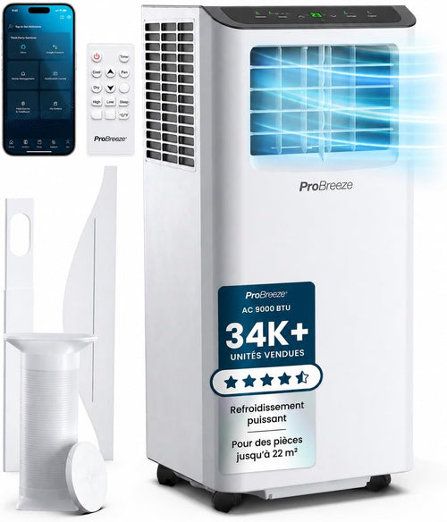 Compresseur de climatiseur portable 3 en 1 9000 BTU – refroidissement, déshumidification & ventilateur, silencieux <52 dB, économe énergie, 2 vitesses, R290, avec tuyau d'évacuation, minuterie 24 h & kit de fenêtre [Classe énergétique A]