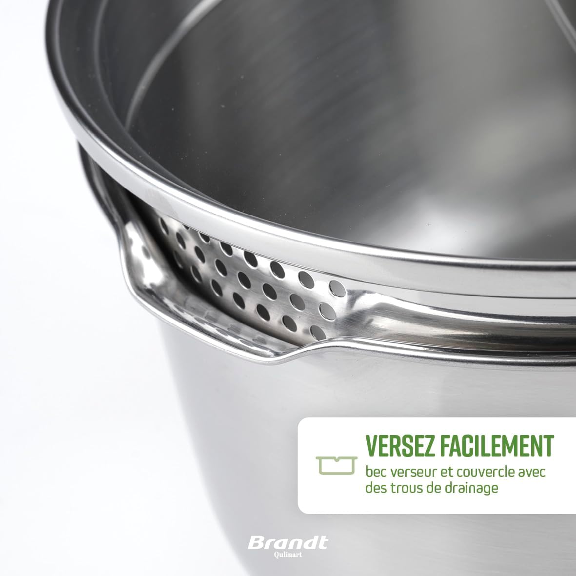Qulinart by Brandt - Batterie de Cuisine à Induction 10 Pièces - Set de 3 Casseroles, 3 Poêles Anti-Adhésives, 3 Couvercles et Poignée Amovible - Acier Inoxydable - Tout Feu - Argenté/Noir