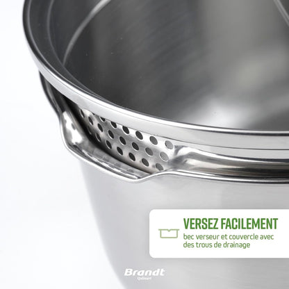 Qulinart by Brandt - Batterie de Cuisine à Induction 10 Pièces - Set de 3 Casseroles, 3 Poêles Anti-Adhésives, 3 Couvercles et Poignée Amovible - Acier Inoxydable - Tout Feu - Argenté/Noir