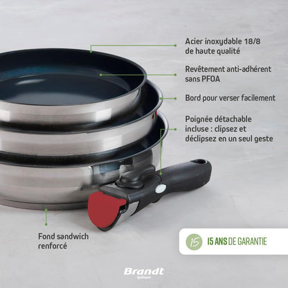 Qulinart by Brandt - Batterie de Cuisine à Induction 10 Pièces - Set de 3 Casseroles, 3 Poêles Anti-Adhésives, 3 Couvercles et Poignée Amovible - Acier Inoxydable - Tout Feu - Argenté/Noir