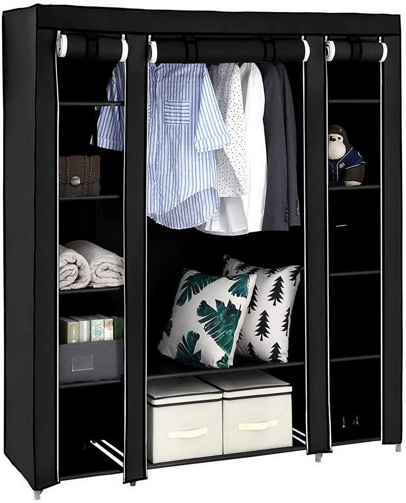 Armoire modulaire 147x44x175 cm, armoire en tissu stable avec 2 compartiments et étagères, montage sans outils, anti-poussière, gris