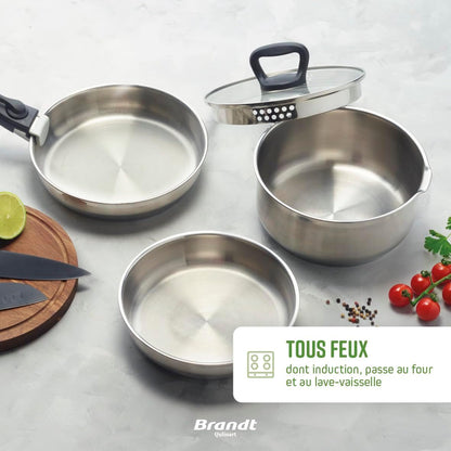 Qulinart by Brandt - Batterie de Cuisine à Induction 10 Pièces - Set de 3 Casseroles, 3 Poêles Anti-Adhésives, 3 Couvercles et Poignée Amovible - Acier Inoxydable - Tout Feu - Argenté/Noir
