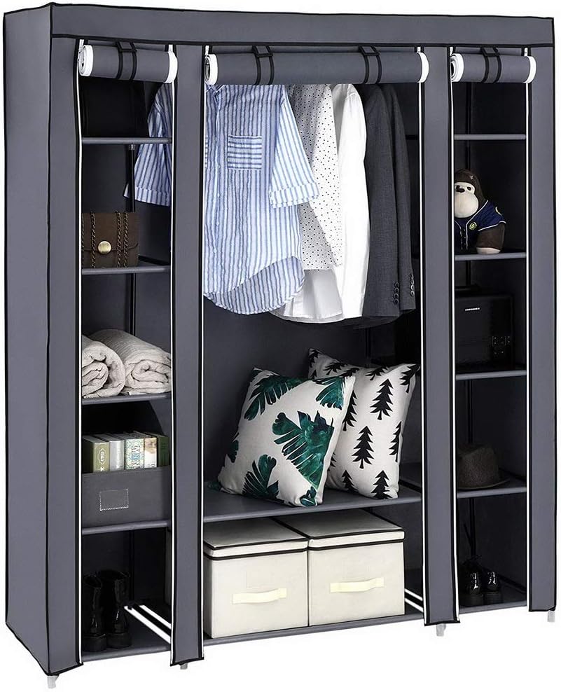 Armoire modulaire 147x44x175 cm, armoire en tissu stable avec 2 compartiments et étagères, montage sans outils, anti-poussière, gris