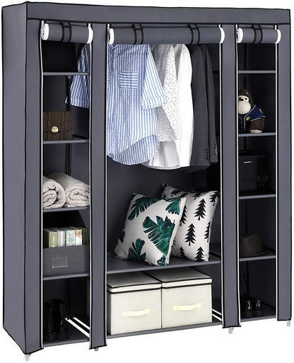 Armoire modulaire 147x44x175 cm, armoire en tissu stable avec 2 compartiments et étagères, montage sans outils, anti-poussière, gris