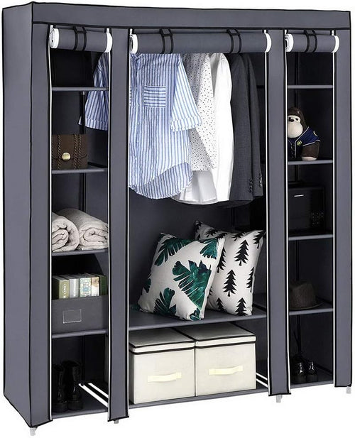 Armoire modulaire 147x44x175 cm, armoire en tissu stable avec 2 compartiments et étagères, montage sans outils, anti-poussière, gris