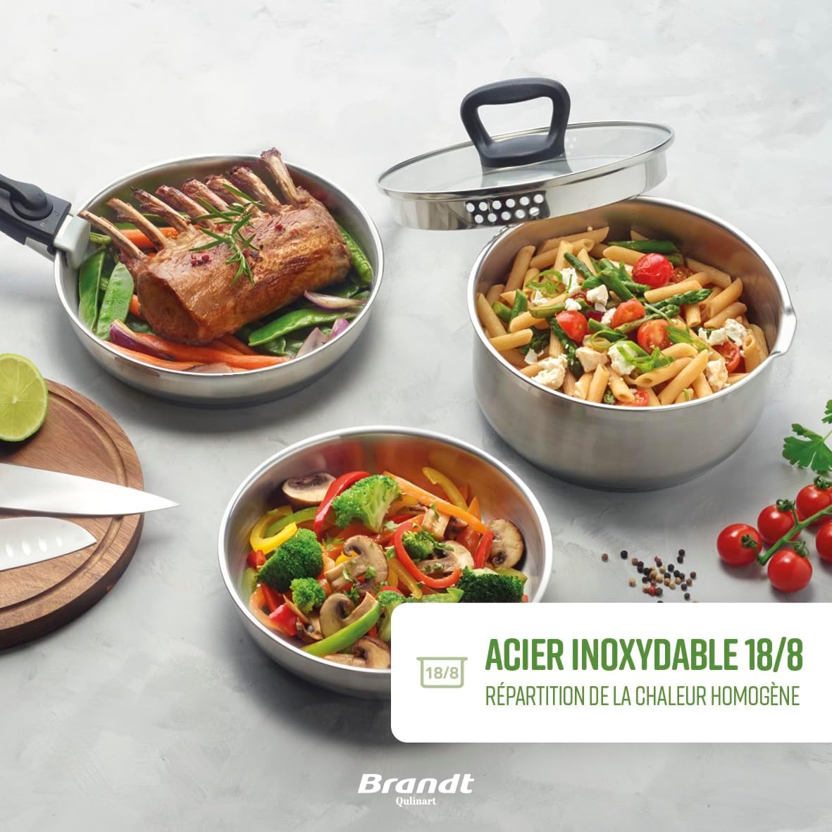 Qulinart by Brandt - Batterie de Cuisine à Induction 10 Pièces - Set de 3 Casseroles, 3 Poêles Anti-Adhésives, 3 Couvercles et Poignée Amovible - Acier Inoxydable - Tout Feu - Argenté/Noir