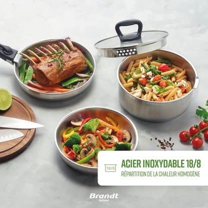 Qulinart by Brandt - Batterie de Cuisine à Induction 10 Pièces - Set de 3 Casseroles, 3 Poêles Anti-Adhésives, 3 Couvercles et Poignée Amovible - Acier Inoxydable - Tout Feu - Argenté/Noir