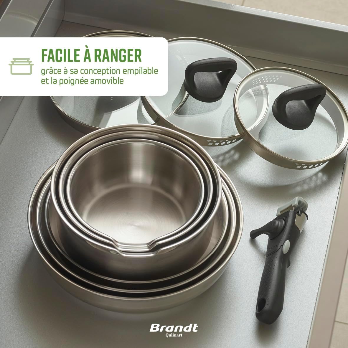 Qulinart by Brandt - Batterie de Cuisine à Induction 10 Pièces - Set de 3 Casseroles, 3 Poêles Anti-Adhésives, 3 Couvercles et Poignée Amovible - Acier Inoxydable - Tout Feu - Argenté/Noir