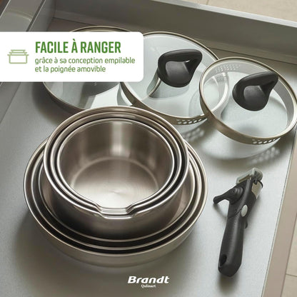 Qulinart by Brandt - Batterie de Cuisine à Induction 10 Pièces - Set de 3 Casseroles, 3 Poêles Anti-Adhésives, 3 Couvercles et Poignée Amovible - Acier Inoxydable - Tout Feu - Argenté/Noir