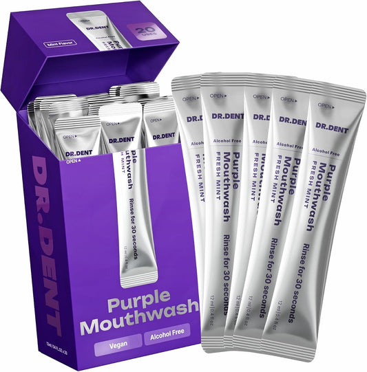 DR.DENT Bain de Bouche Violet pour Blanchiment Dentaire - Sachets Bain de Bouche Correcteur de Couleur - Sans Peroxyde, Sans Alcool - Rafraîchit l'Haleine, Maintient des Gencives Saines - Végan, Saveur Menthe (40 pièces)