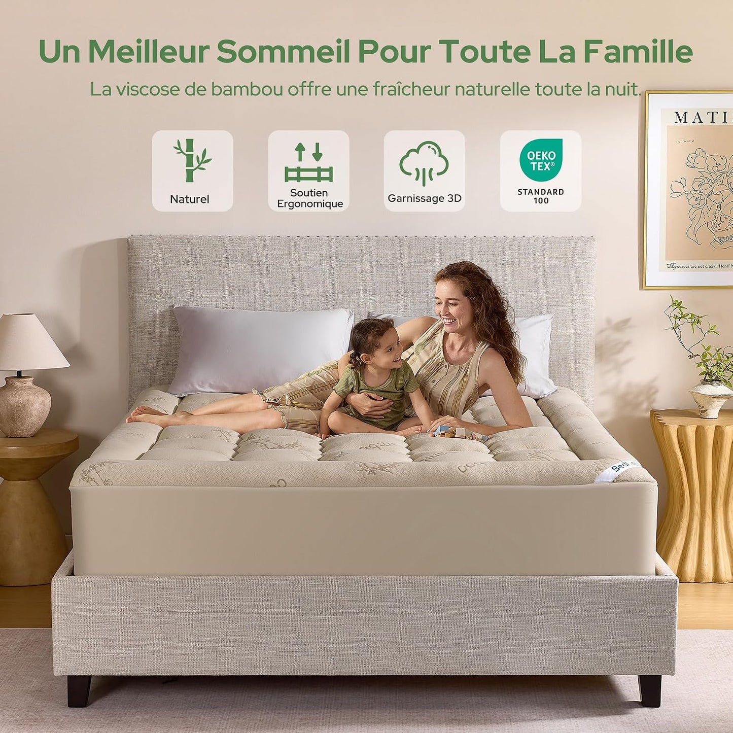 BEDLORE Surmatelas 160x200 cm, sur Matelas 2 Personne en Viscose de Bambou