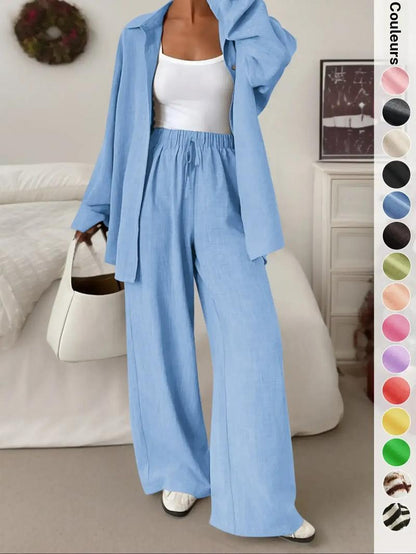 Ensemble deux pièces pour femme : chemise décontractée et sportive avec pantalon long à jambes larges, haut boutonné ample ; confortable et élégant.