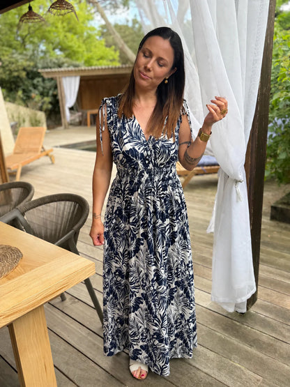 Robe longue Bohème décontractée à imprimé, col en V, portefeuille à la taille