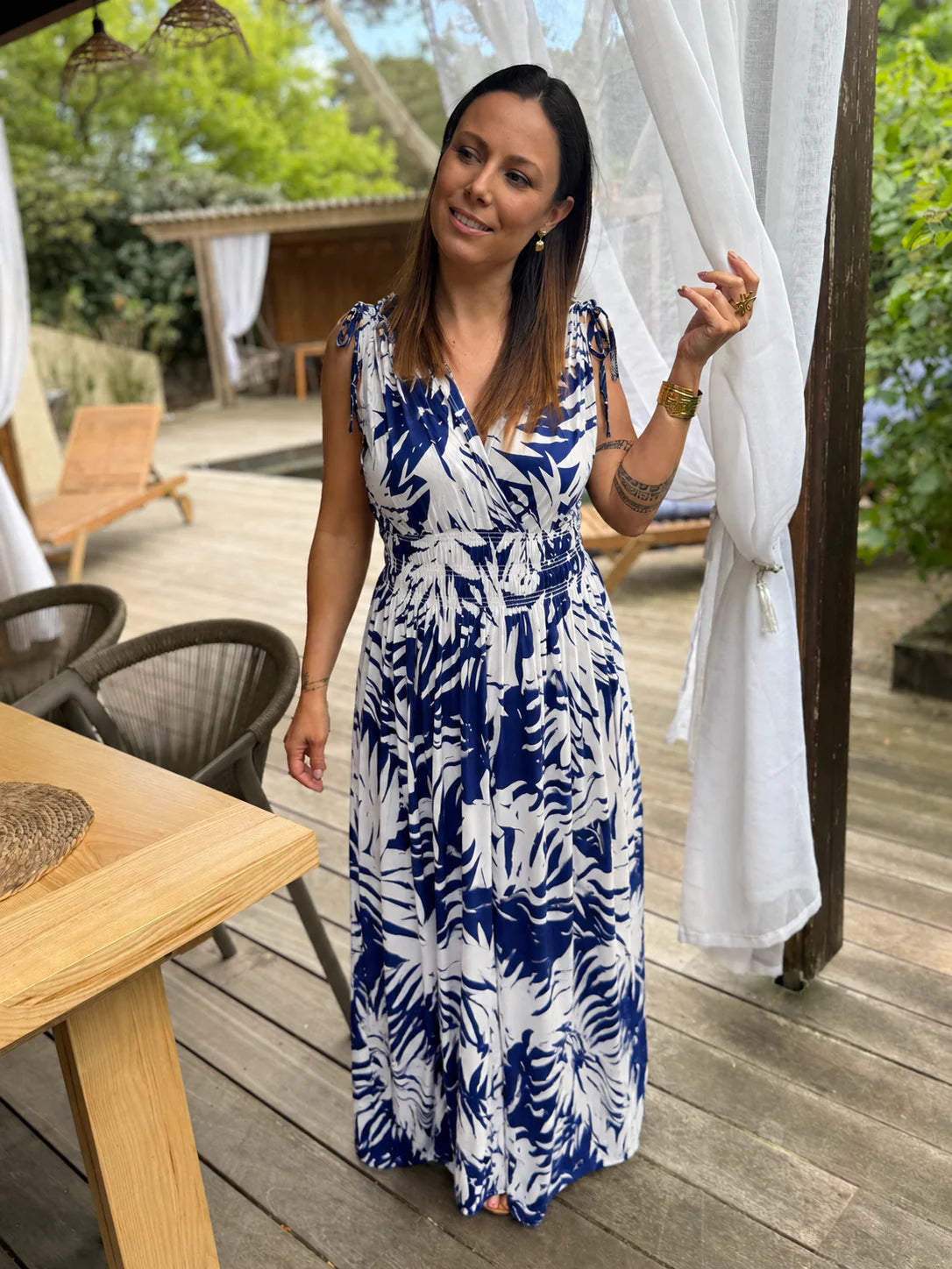 Robe longue Bohème décontractée à imprimé, col en V, portefeuille à la taille