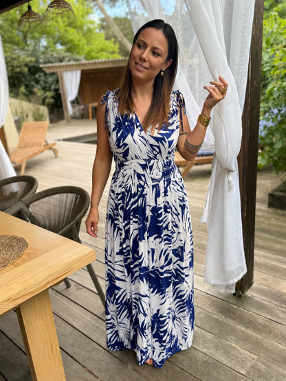 Robe longue Bohème décontractée à imprimé, col en V, portefeuille à la taille