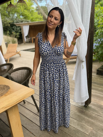 Robe longue Bohème décontractée à imprimé, col en V, portefeuille à la taille