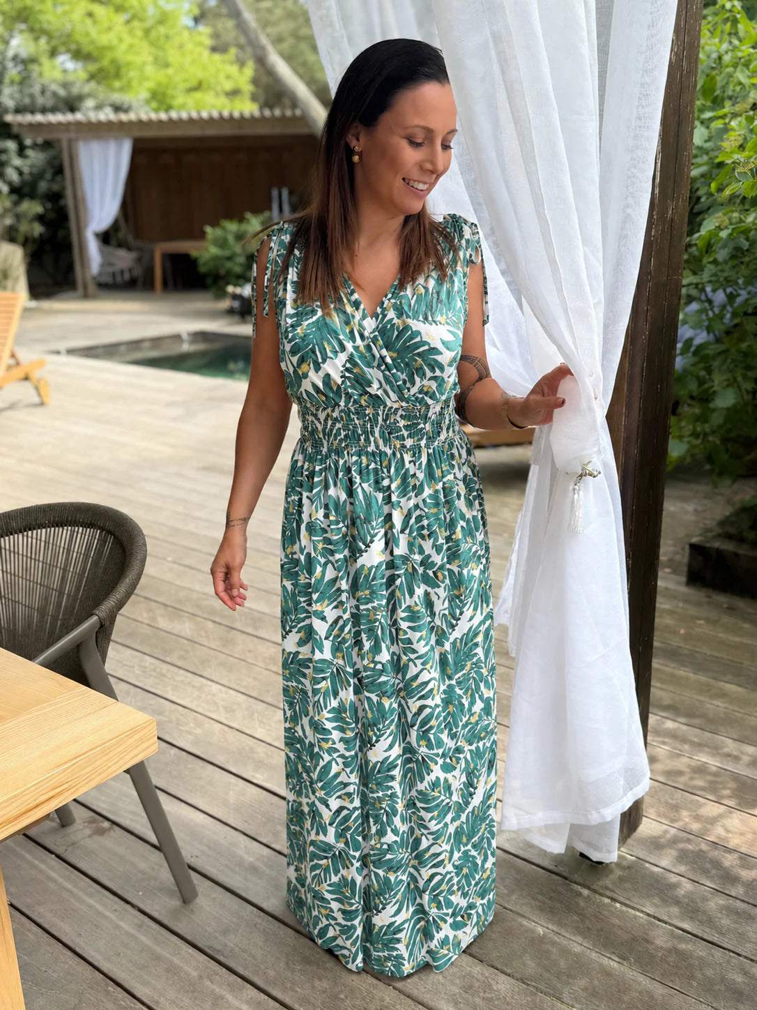 Robe longue Bohème décontractée à imprimé, col en V, portefeuille à la taille