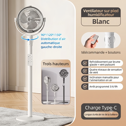 Ventilateur sur pied humidificateur à brumisation rechargeable par USB, hauteur réglable, télécommande, oscillation à 150°, inclinaison à 350°, 4 vitesses, batterie 4000 mAh, moteur sans balais**