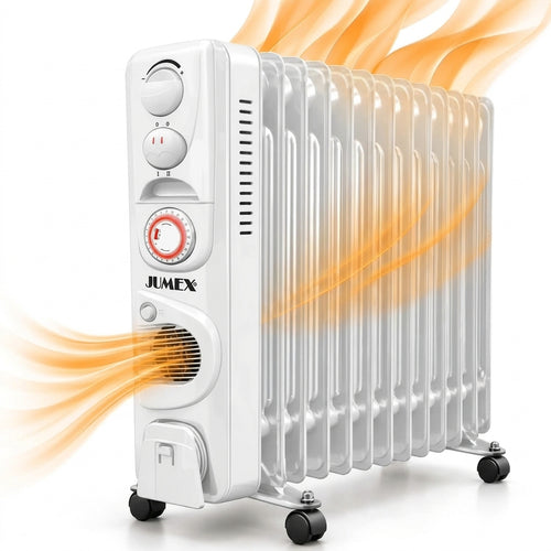 Radiateur à bain d’huile JUMEX HY‑B4‑FT13 avec thermostat réglable, minuterie 24 h et roulettes