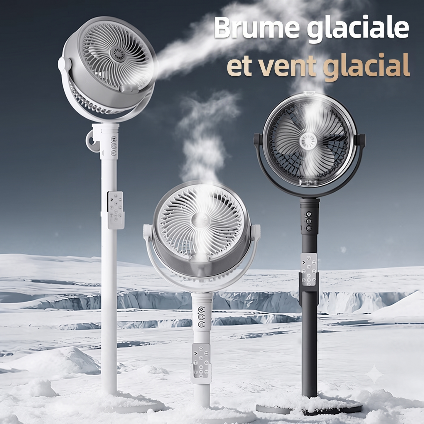 Ventilateur sur pied humidificateur à brumisation rechargeable par USB, hauteur réglable, télécommande, oscillation à 150°, inclinaison à 350°, 4 vitesses, batterie 4000 mAh, moteur sans balais**