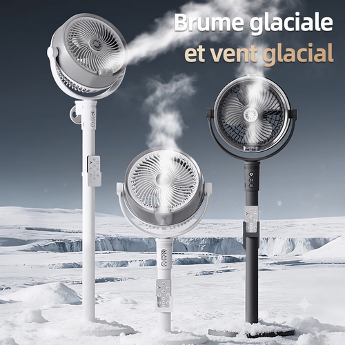 Ventilateur sur pied humidificateur à brumisation rechargeable par USB, hauteur réglable, télécommande, oscillation à 150°, inclinaison à 350°, 4 vitesses, batterie 4000 mAh, moteur sans balais**
