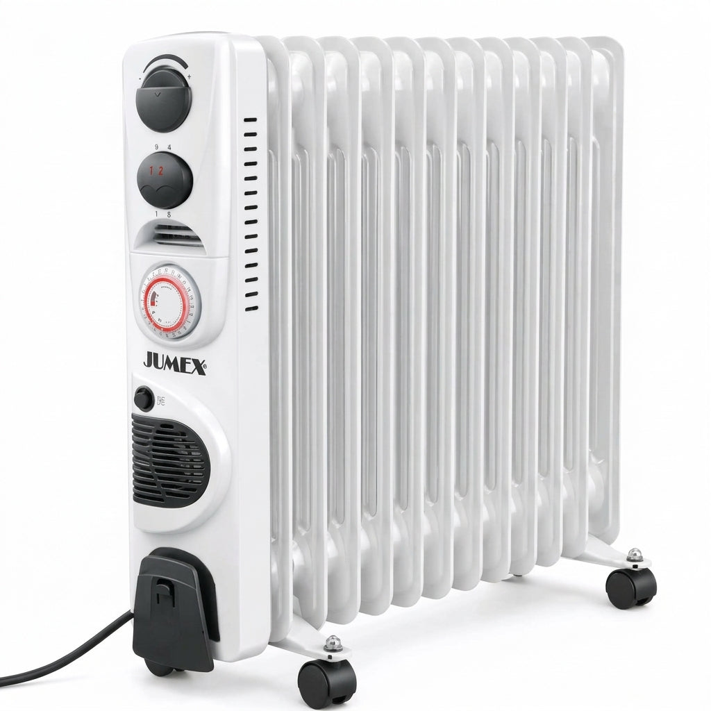 Radiateur à bain d’huile JUMEX HY‑B4‑FT13 avec thermostat réglable, minuterie 24 h et roulettes