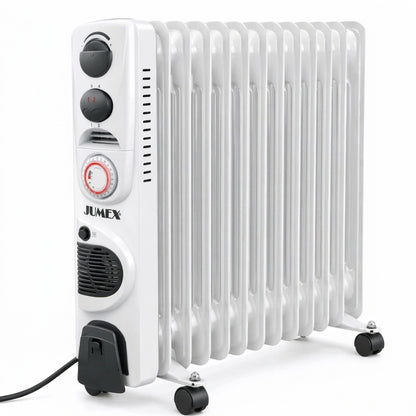 Radiateur à bain d’huile JUMEX HY‑B4‑FT13 avec thermostat réglable, minuterie 24 h et roulettes