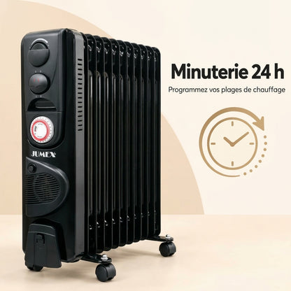Radiateur à bain d’huile JUMEX HY‑B4‑FT13 avec thermostat réglable, minuterie 24 h et roulettes