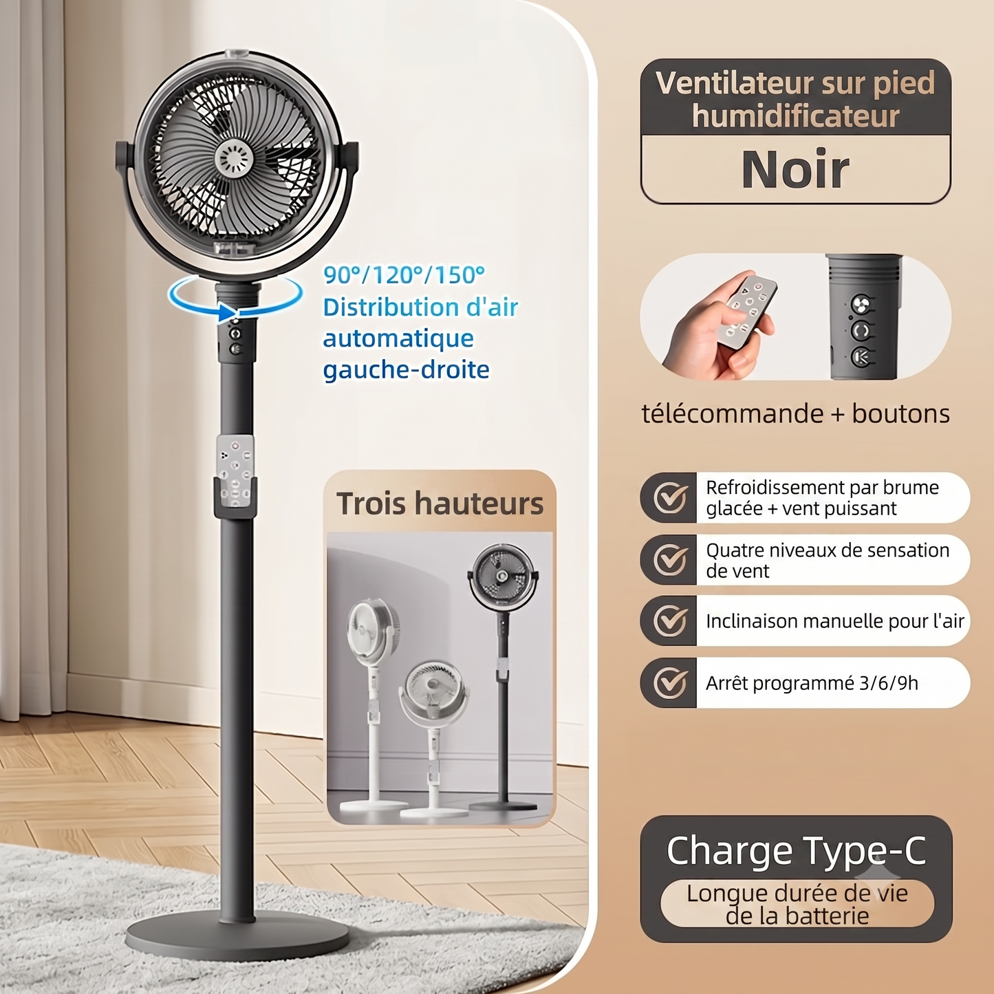 Ventilateur sur pied humidificateur à brumisation rechargeable par USB, hauteur réglable, télécommande, oscillation à 150°, inclinaison à 350°, 4 vitesses, batterie 4000 mAh, moteur sans balais**