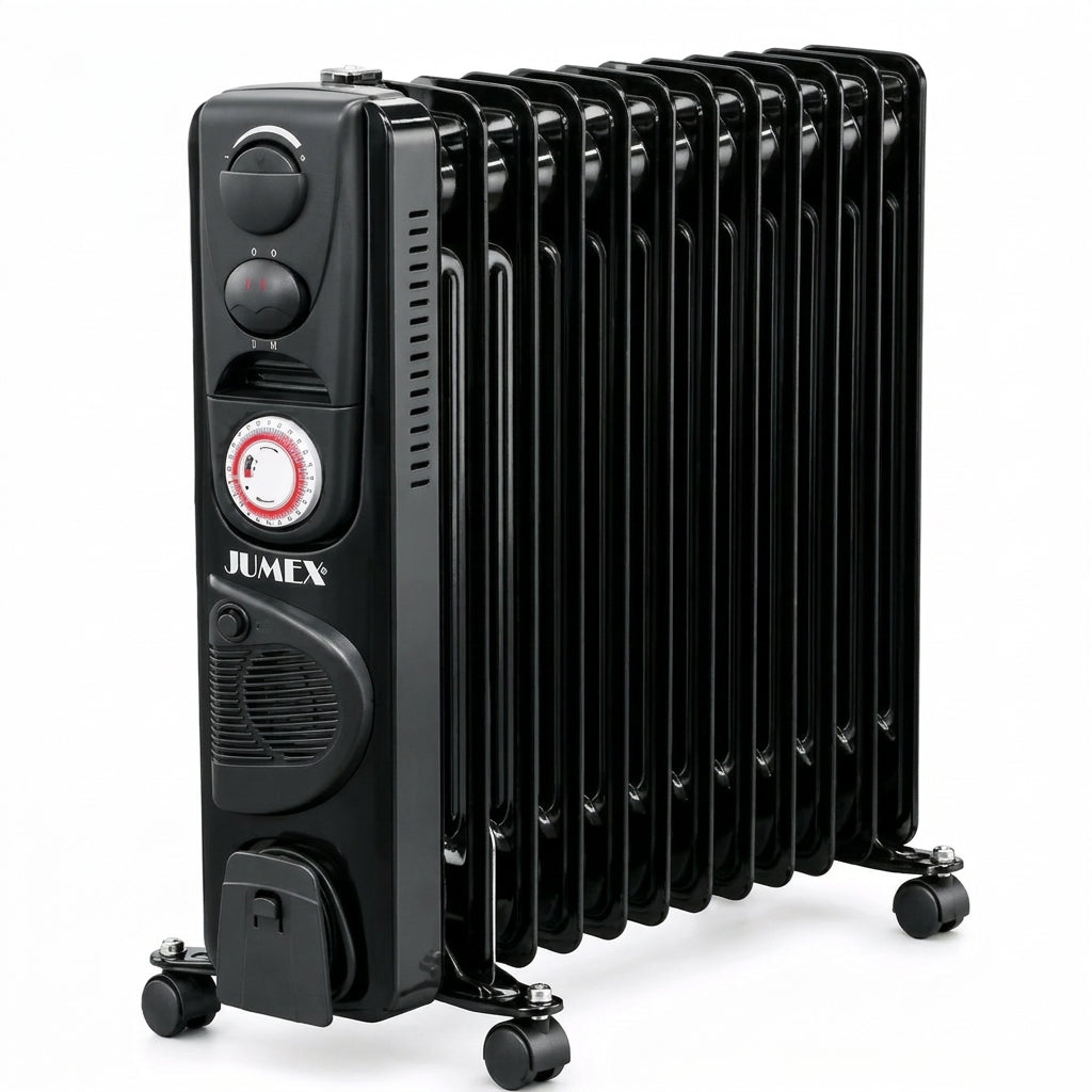 Radiateur à bain d’huile JUMEX HY‑B4‑FT13 avec thermostat réglable, minuterie 24 h et roulettes