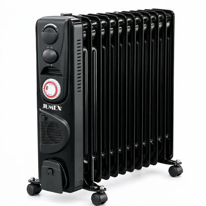 Radiateur à bain d’huile JUMEX HY‑B4‑FT13 avec thermostat réglable, minuterie 24 h et roulettes
