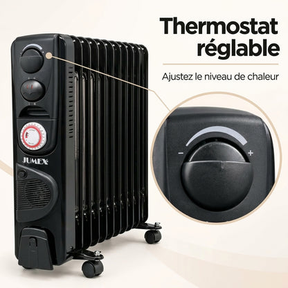Radiateur à bain d’huile JUMEX HY‑B4‑FT13 avec thermostat réglable, minuterie 24 h et roulettes