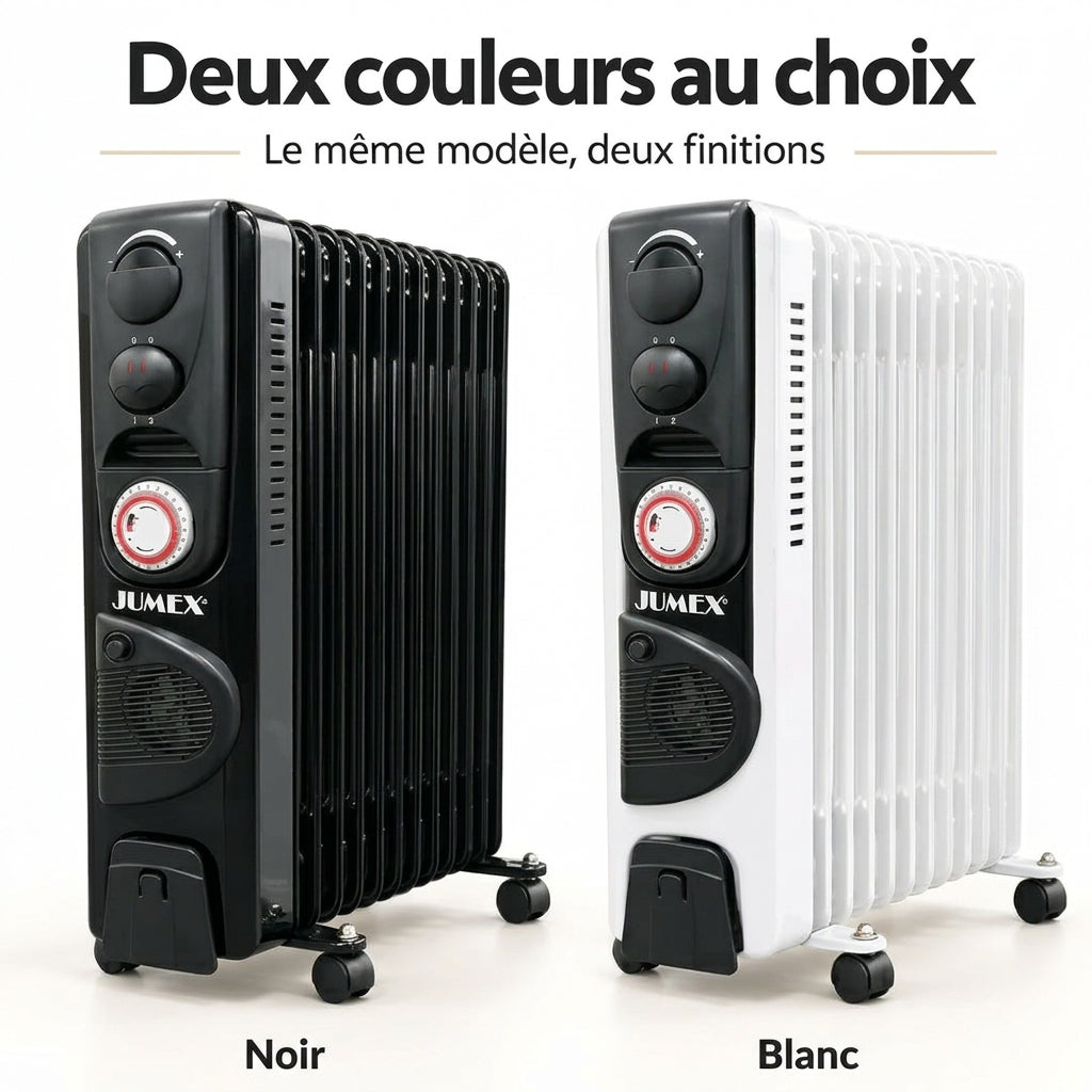 Radiateur à bain d’huile JUMEX HY‑B4‑FT13 avec thermostat réglable, minuterie 24 h et roulettes