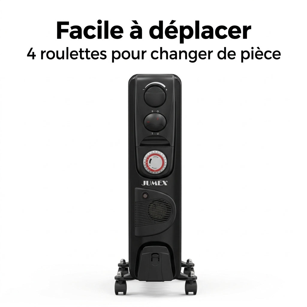 Radiateur à bain d’huile JUMEX HY‑B4‑FT13 avec thermostat réglable, minuterie 24 h et roulettes
