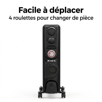 Radiateur à bain d’huile JUMEX HY‑B4‑FT13 avec thermostat réglable, minuterie 24 h et roulettes