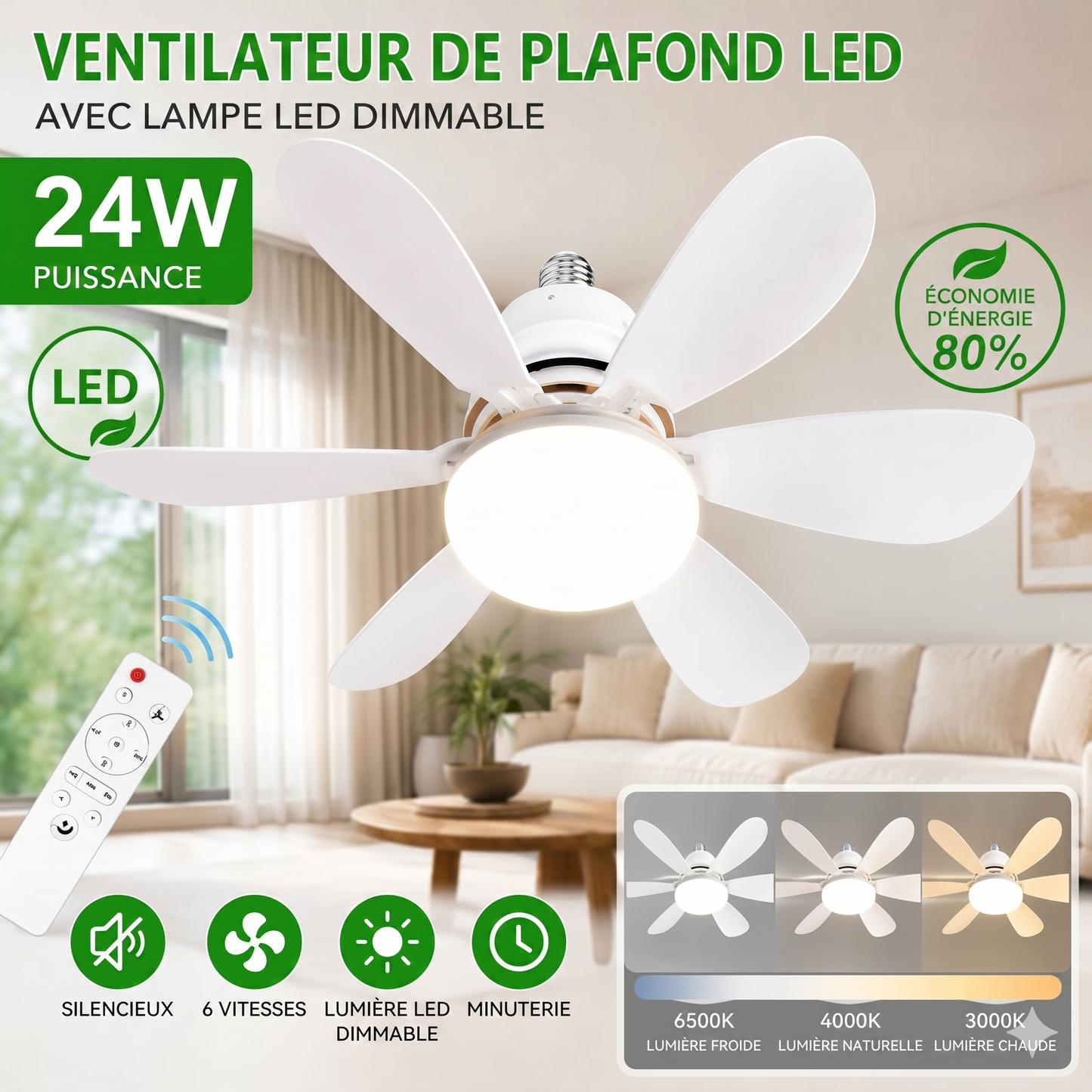 Ventilateur avec lumière à brancher, télécommande, moteur CC en cuivre pur, vitesse variable économisant l’énergie, fonctionnement silencieux, éclairage réglable, fonction de minuteur