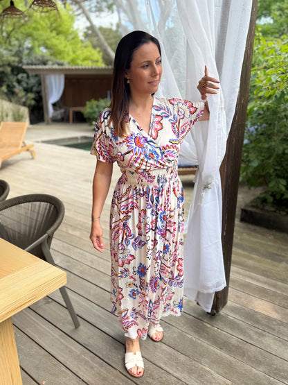 Robe longue Bohème décontractée à imprimé, col en V, portefeuille à la taille