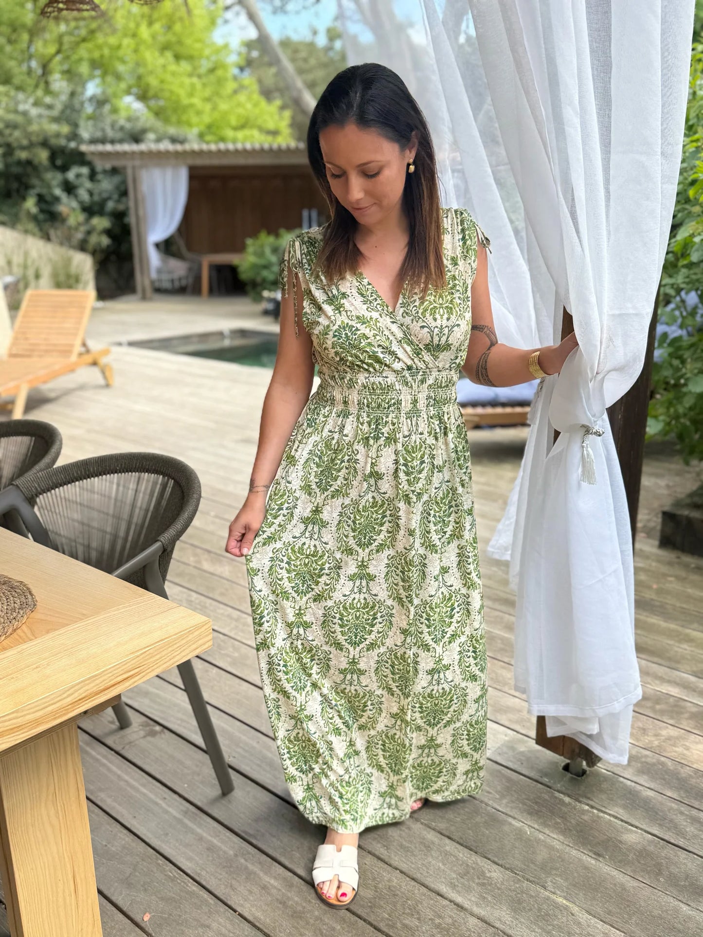 Robe longue Bohème décontractée à imprimé, col en V, portefeuille à la taille