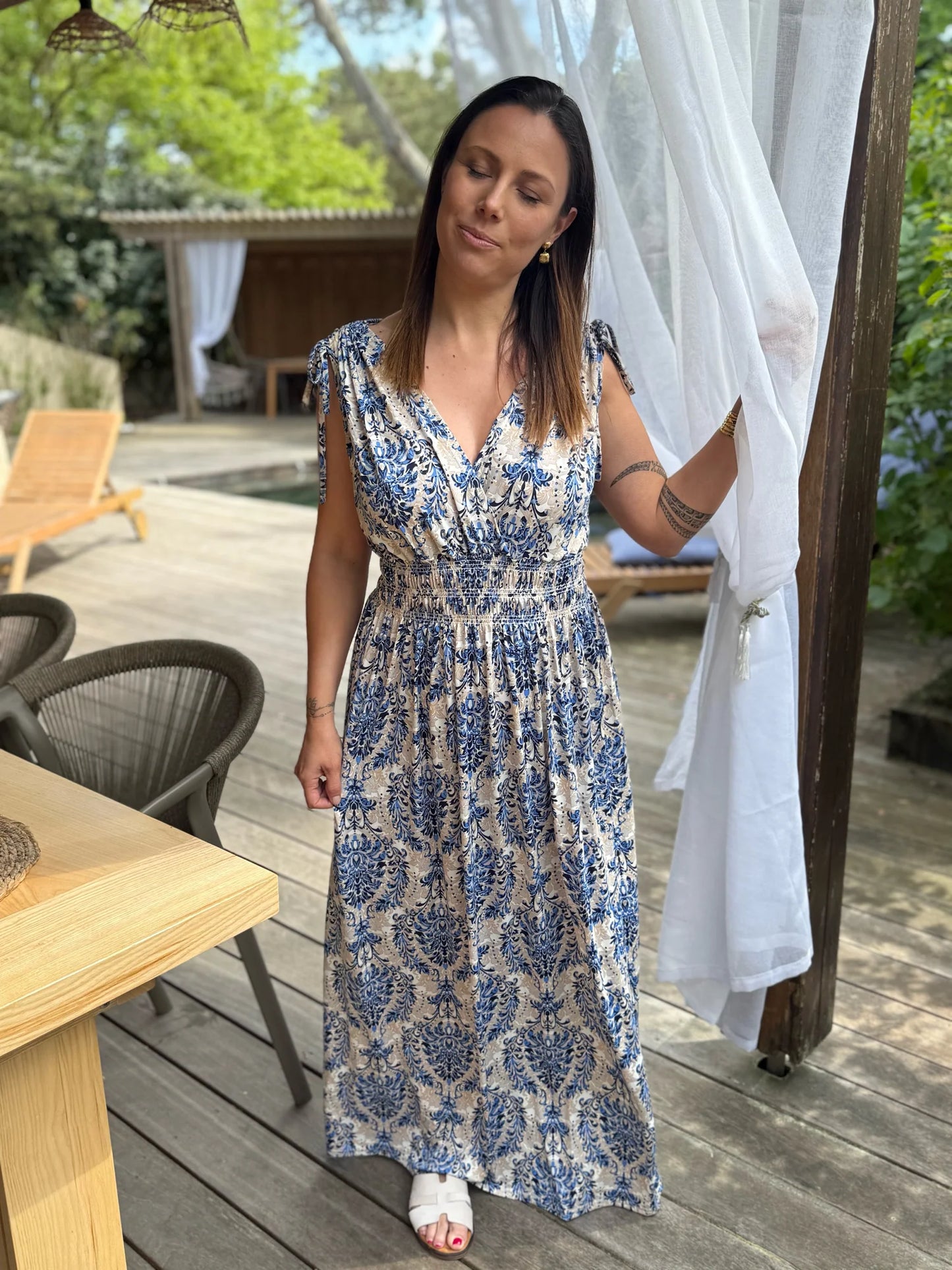 Robe longue Bohème décontractée à imprimé, col en V, portefeuille à la taille