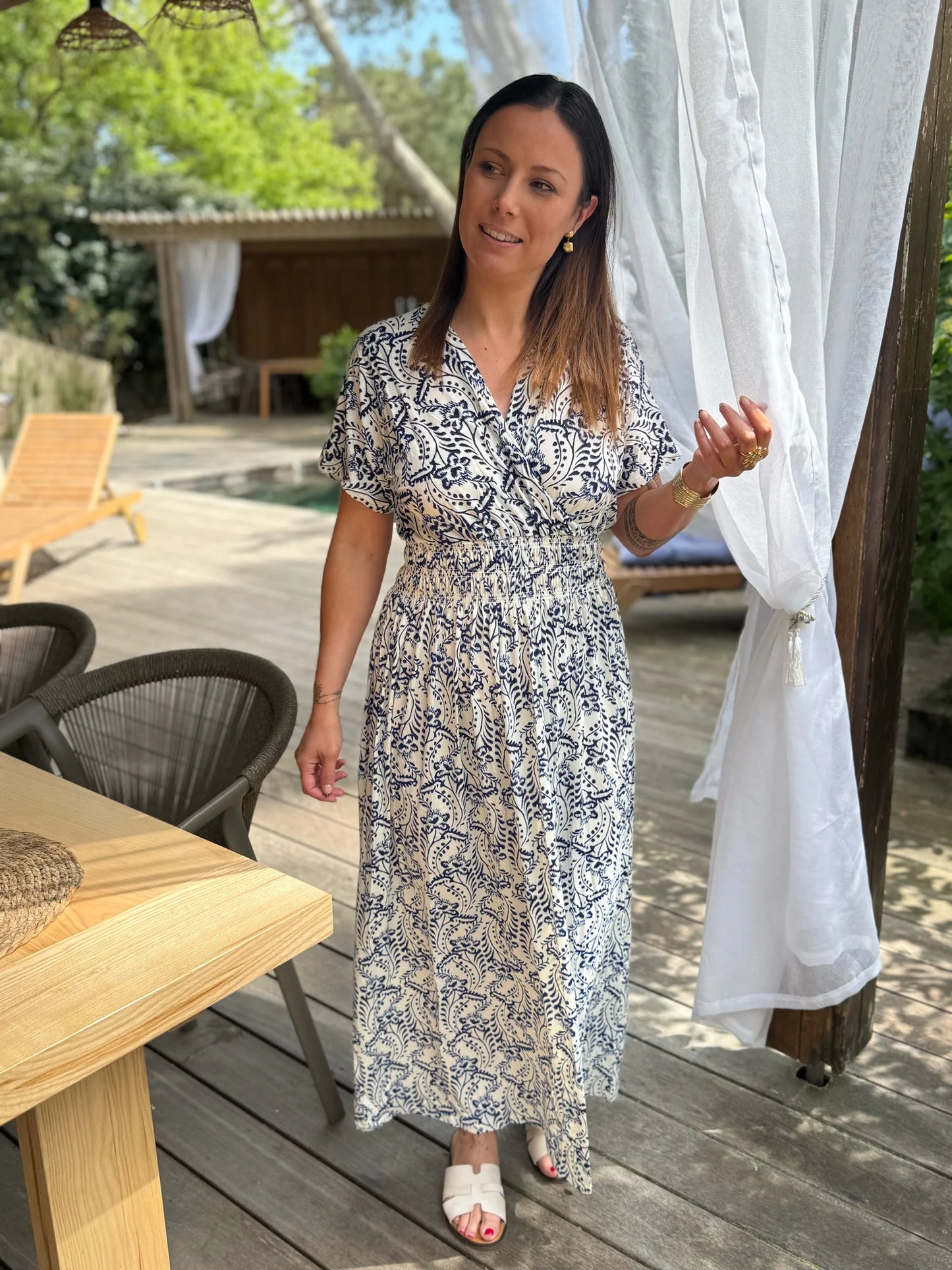 Robe longue Bohème décontractée à imprimé, col en V, portefeuille à la taille
