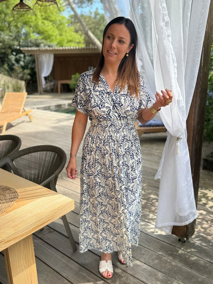 Robe longue Bohème décontractée à imprimé, col en V, portefeuille à la taille