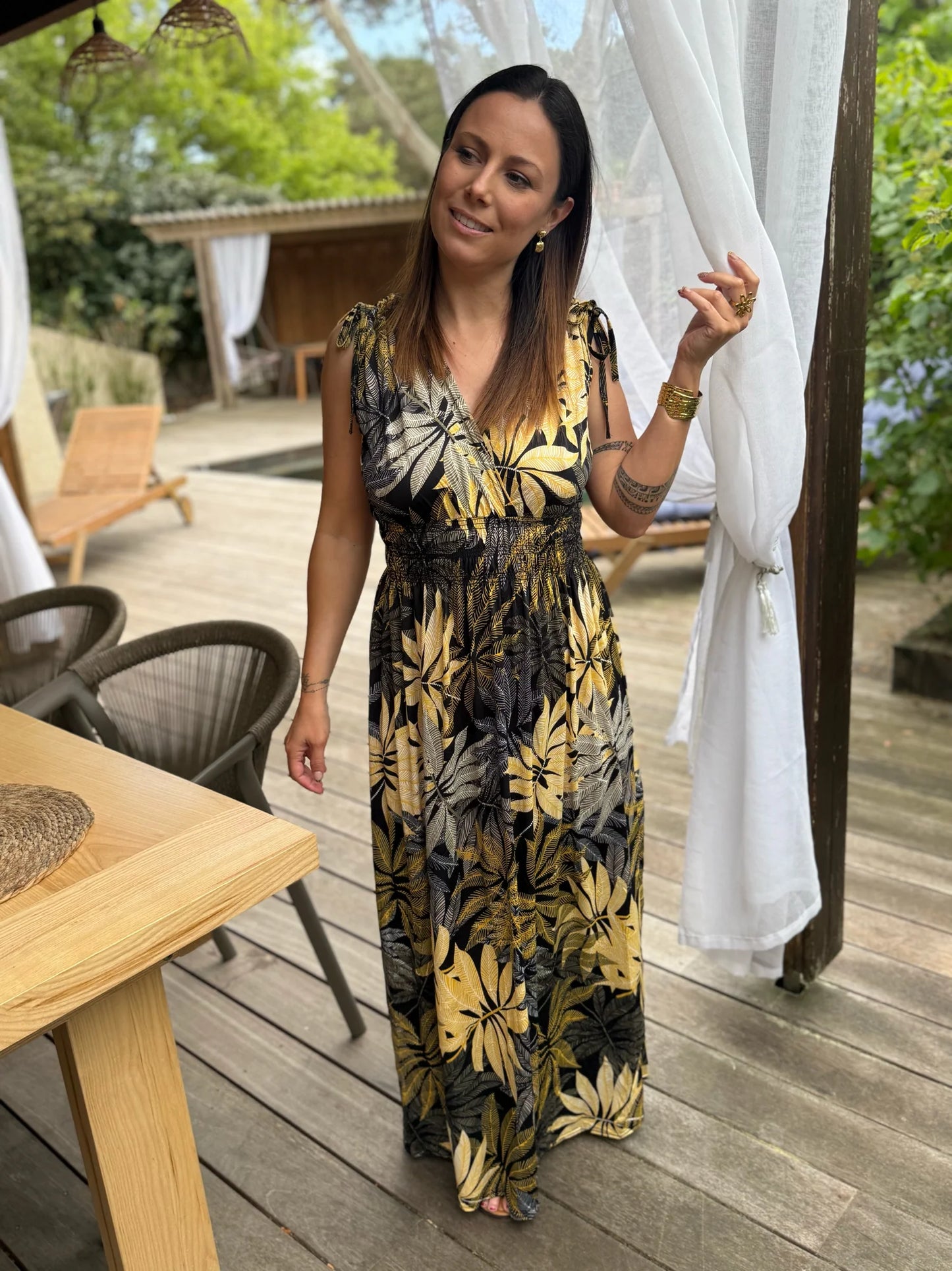 Robe longue Bohème décontractée à imprimé, col en V, portefeuille à la taille