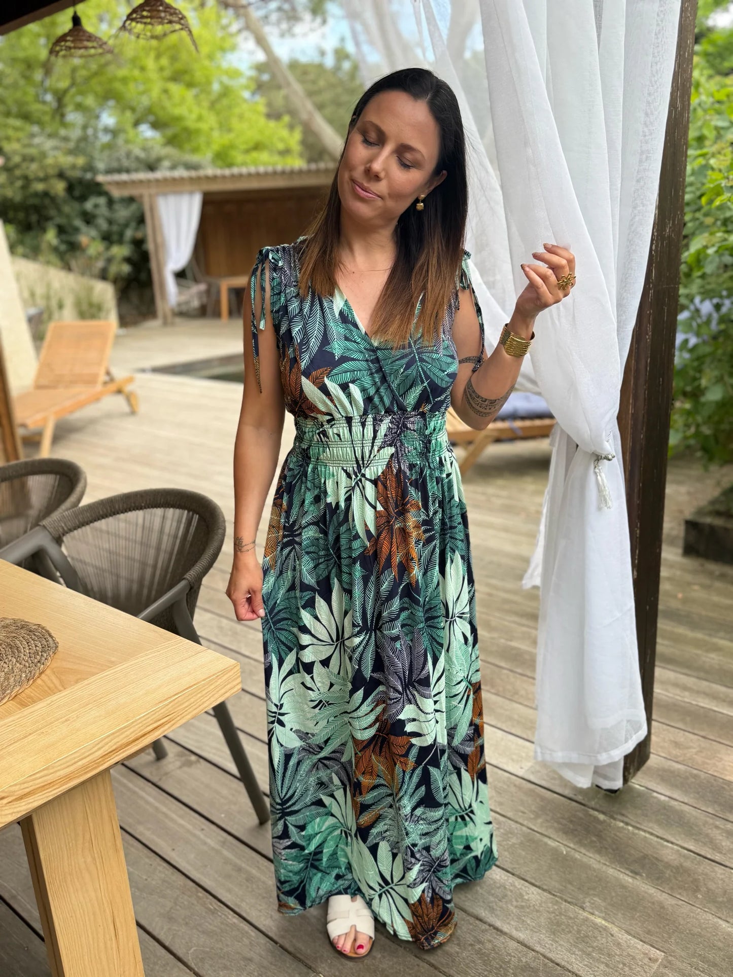 Robe longue Bohème décontractée à imprimé, col en V, portefeuille à la taille
