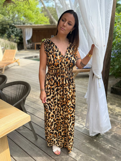 Robe longue Bohème décontractée à imprimé, col en V, portefeuille à la taille