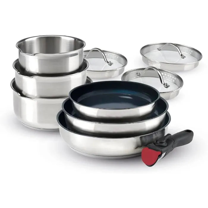 Qulinart by Brandt - Batterie de Cuisine à Induction 10 Pièces - Set de 3 Casseroles, 3 Poêles Anti-Adhésives, 3 Couvercles et Poignée Amovible - Acier Inoxydable - Tout Feu - Argenté/Noir