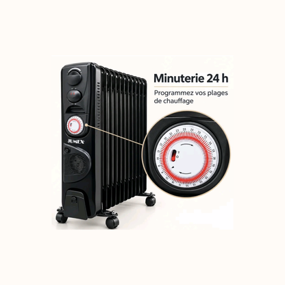 Radiateur à bain d’huile JUMEX HY‑B4‑FT13 avec thermostat réglable, minuterie 24 h et roulettes