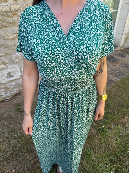 Robe longue Bohème décontractée à imprimé, col en V, portefeuille à la taille